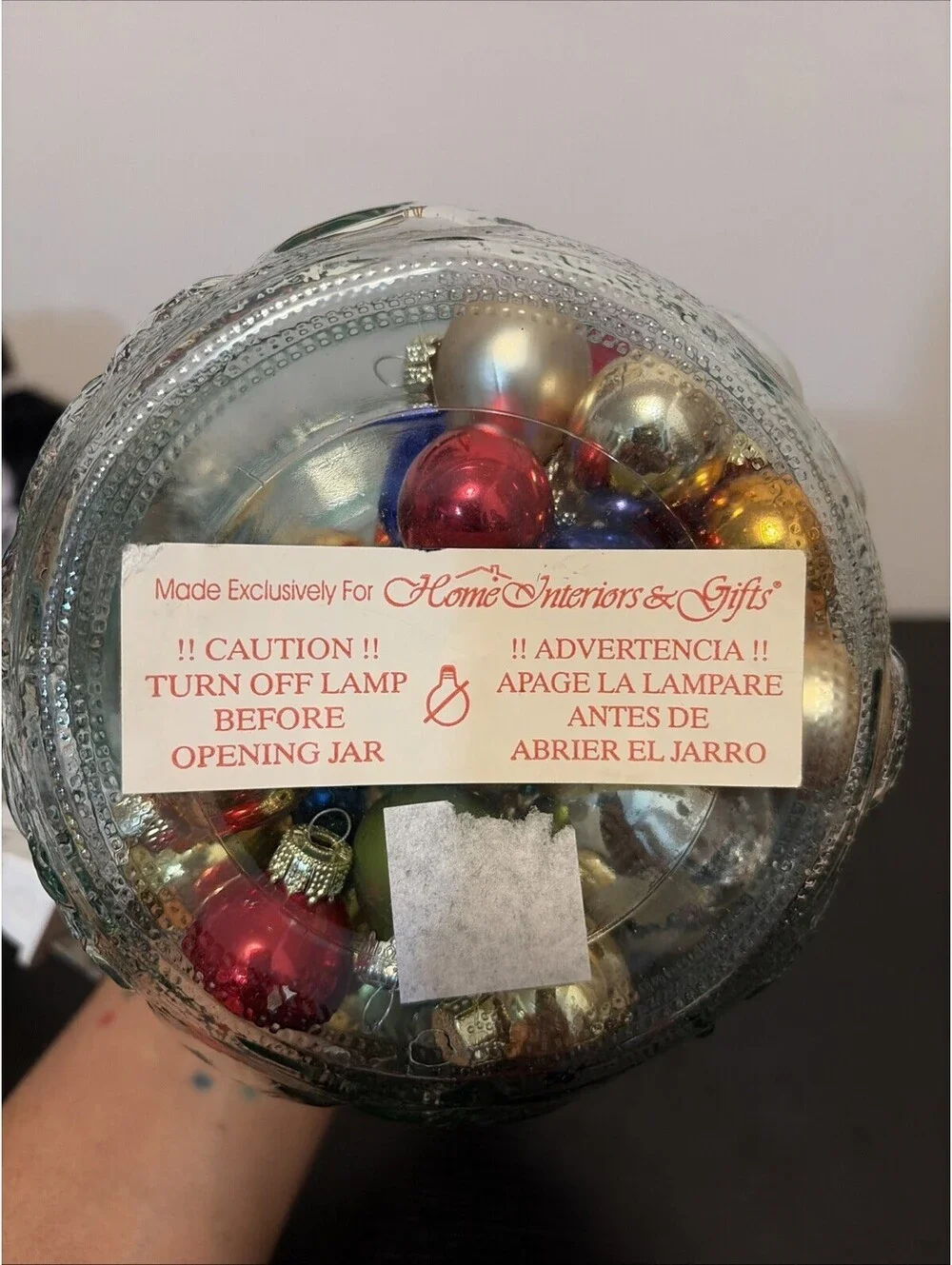 Aqua Clear Jar With Latch Filled With Christmas Bulbs Lamp Works